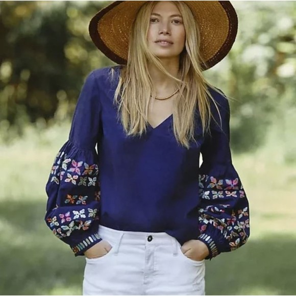 Anthropologie Tops - Anthropologie Maeve Sonja Embroidered Long Balloon Sleeve Blouse Top Size 0